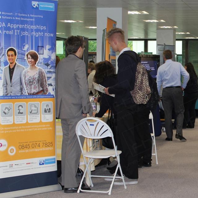 Careers Day Event https://d1hcs5uofxldvl.cloudfront.net/furniture-hire-uk/article_additional/bracknell-forest-council10/bracknell-forest-council10.jpg - White folding chairs make quick & convenient seating.
