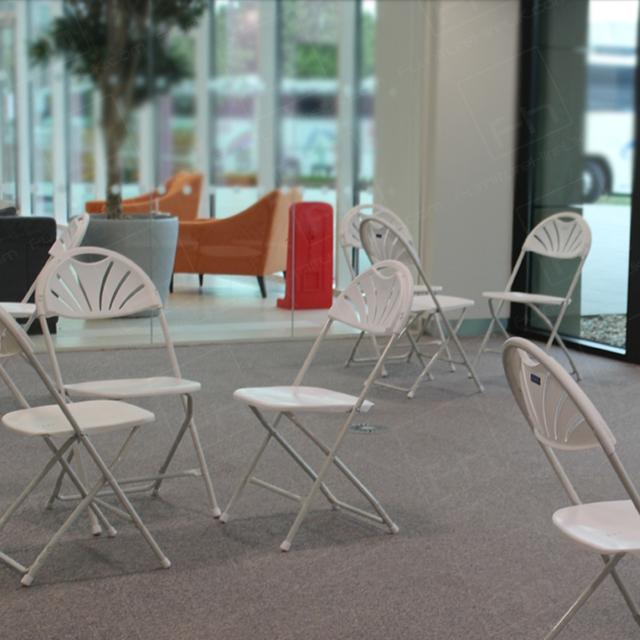 Careers Day Event https://d1hcs5uofxldvl.cloudfront.net/furniture-hire-uk/article_additional/bracknell-forest-council7/bracknell-forest-council7.jpg - White folding chairs are easy to move & arrange in groups.