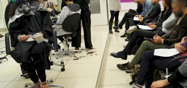 Hair Styling and Furniture Hire https://d1hcs5uofxldvl.cloudfront.net/furniture-hire-uk/article_additional/chair-hire-and-hairdressing3/chair-hire-and-hairdressing3-740x350.jpg - Front row guests get close up view of demo.