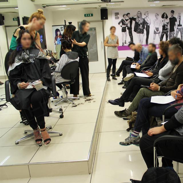 Hair Styling and Furniture Hire https://d1hcs5uofxldvl.cloudfront.net/furniture-hire-uk/article_additional/chair-hire-and-hairdressing3/chair-hire-and-hairdressing3.jpg - Front row guests get close up view of demo.