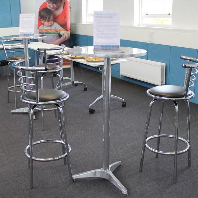 Learning Network https://d1hcs5uofxldvl.cloudfront.net/furniture-hire-uk/article_additional/hackney-learning10/hackney-learning10.jpg - Chrome poseur tables & stools suit any size space.