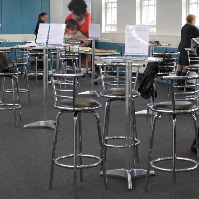 Learning Network https://d1hcs5uofxldvl.cloudfront.net/furniture-hire-uk/article_additional/hackney-learning12/hackney-learning12.jpg - Chrome poseurs & medium back stools for networking event.