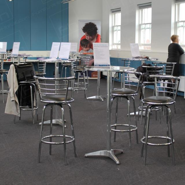 Learning Network https://d1hcs5uofxldvl.cloudfront.net/furniture-hire-uk/article_additional/hackney-learning2/hackney-learning2.jpg - Smart networking surfaces via our chrome poseur tables.