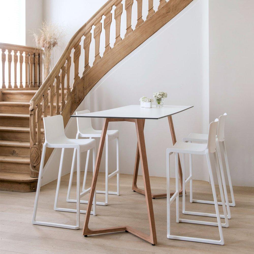 Featured: Boston double poseur table and white Kansas stools.