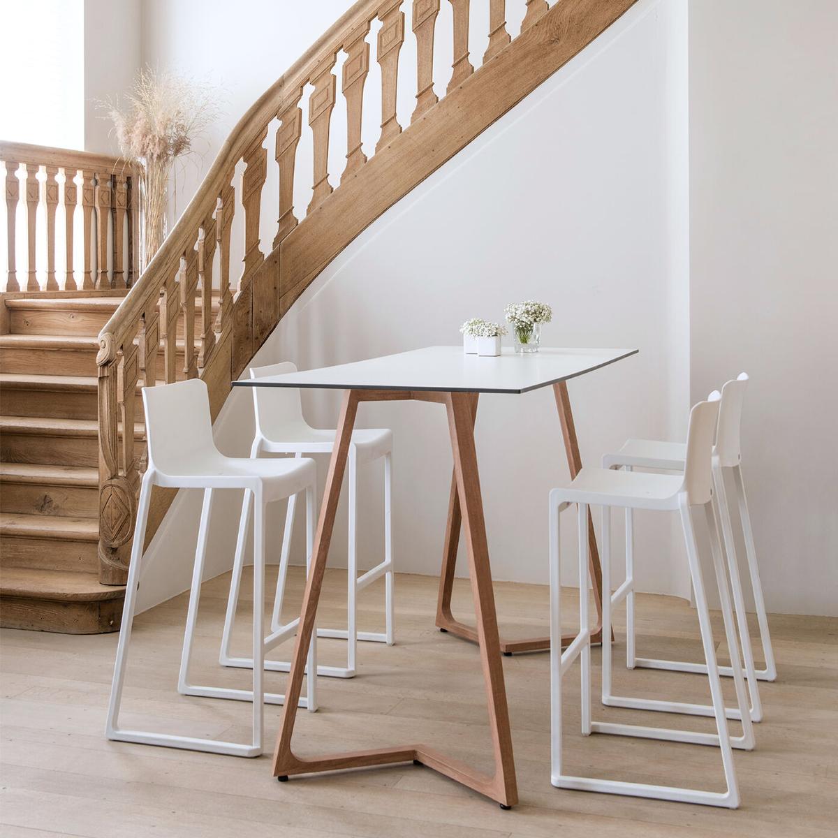 Featured: Boston double poseur table and white Kansas stools.