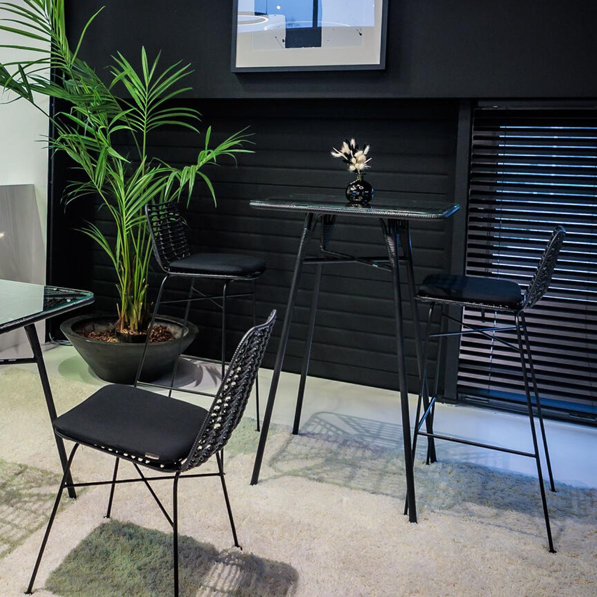 Featured: Miami black chairs and stools with black Miami bistro and poseur tables.