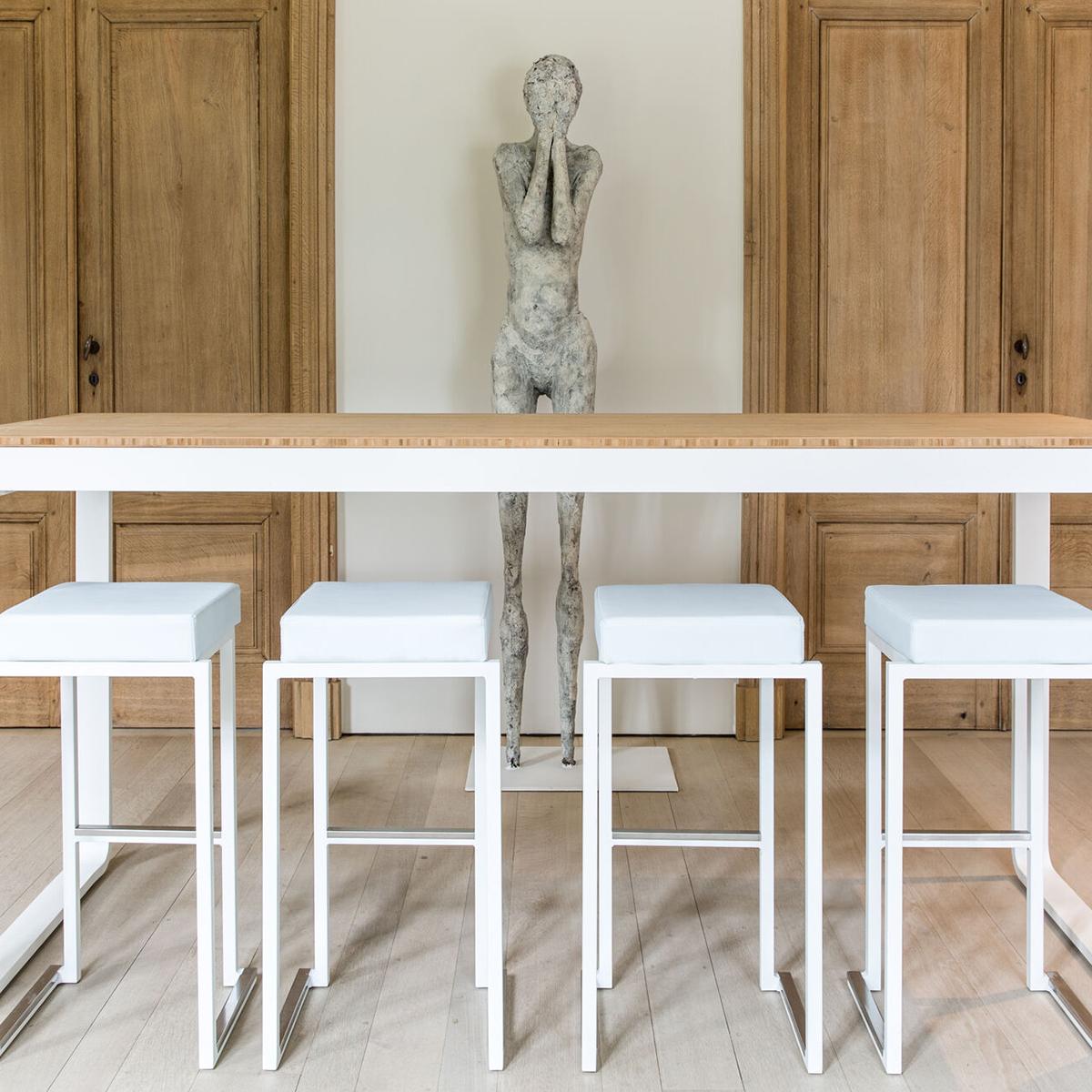 Featured: Utah white poseur table with Nevada white stools, white pad.