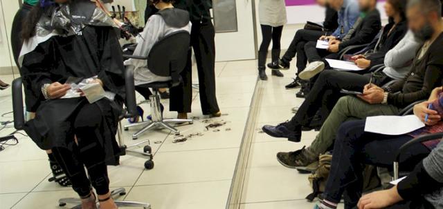 Hair Styling and Furniture Hire https://mill-media.s3.eu-west-2.amazonaws.com/furniture-hire-uk/article_additional/chair-hire-and-hairdressing3/chair-hire-and-hairdressing3-740x350.jpg - Front row guests get close up view of demo.