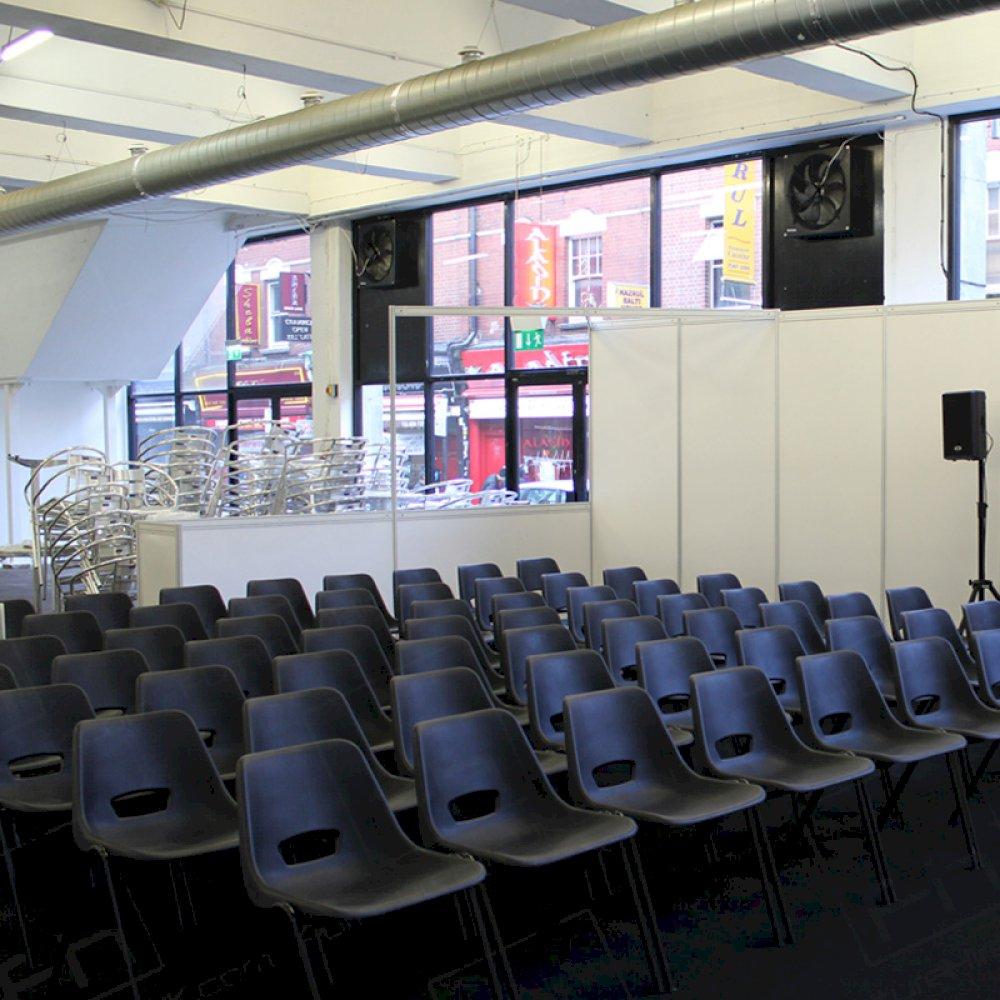 Plenty of seating so guests can listen to professional speakers. Features Black Polyprop Chairs.