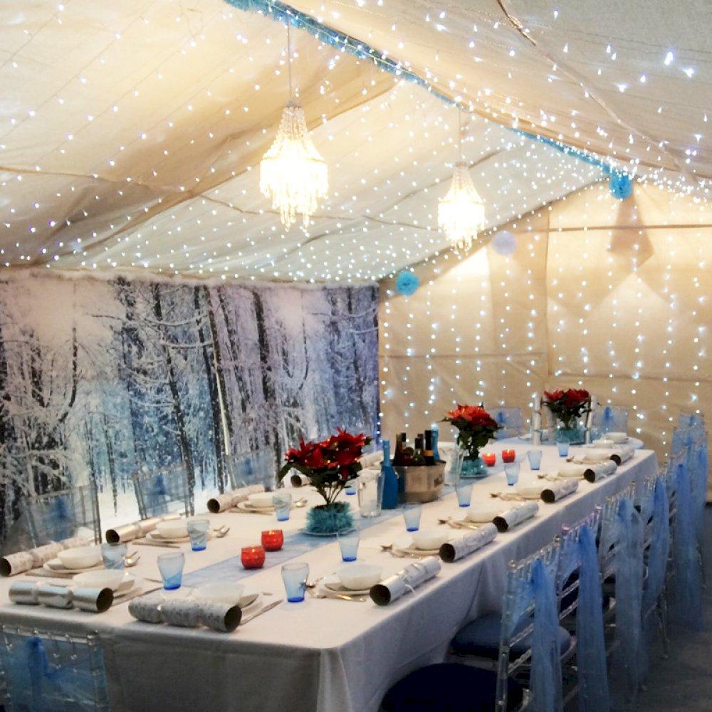 Ghost Chiavari chairs and 6ft banquet tables for a private event at home. Transform your space with furniture hire.