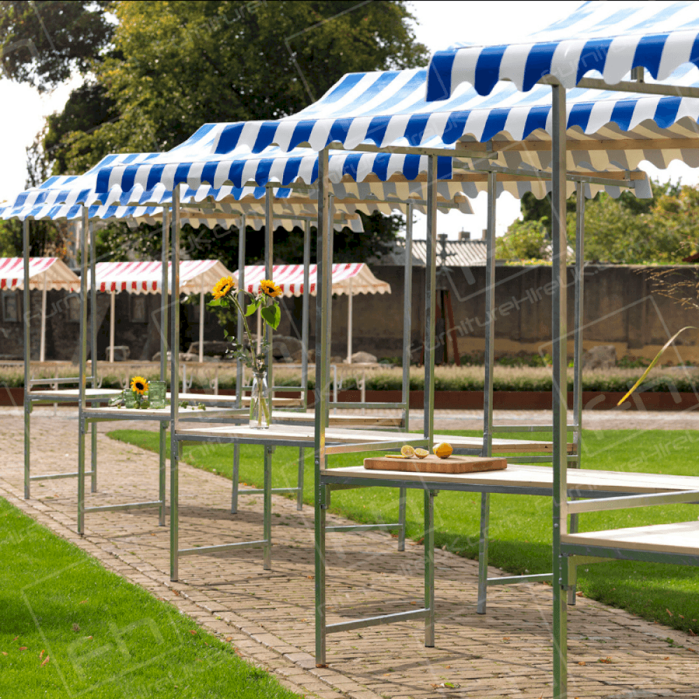 Clever folding design made from weatherproof galvanised steel and wooden tabletop, ideal for outdoor events and markets.