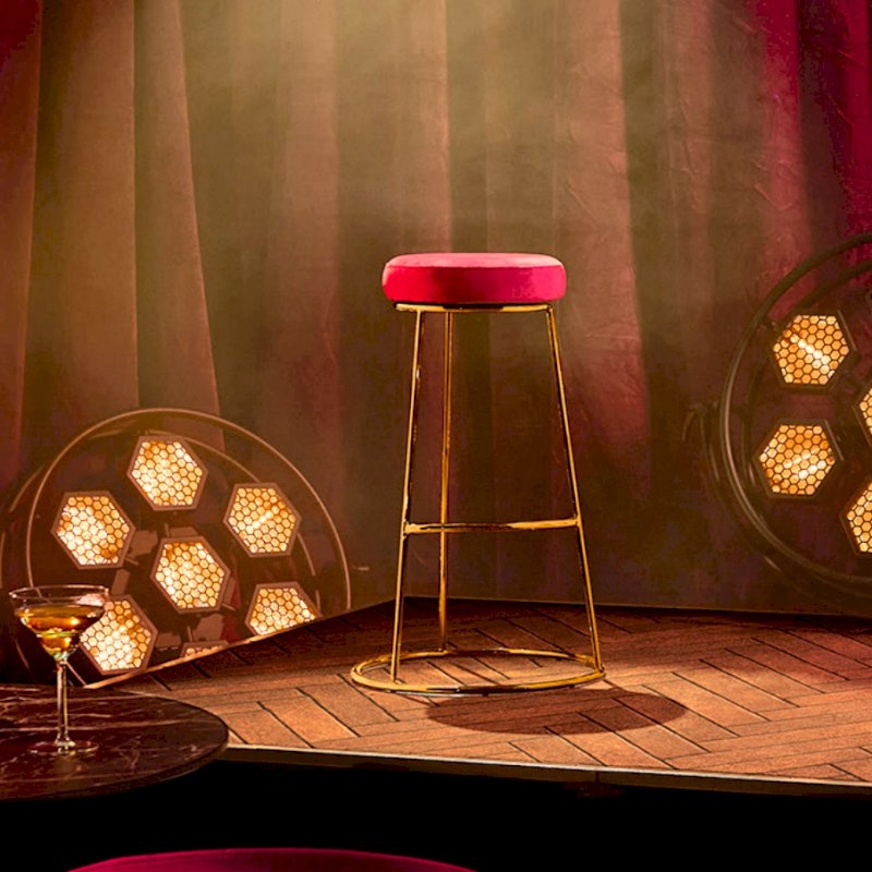 Rose Gold Chrome Spire Stool - Blue Pad