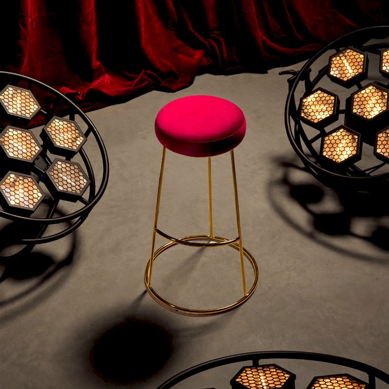 Rose Gold Chrome Spire Stool - Blue Pad